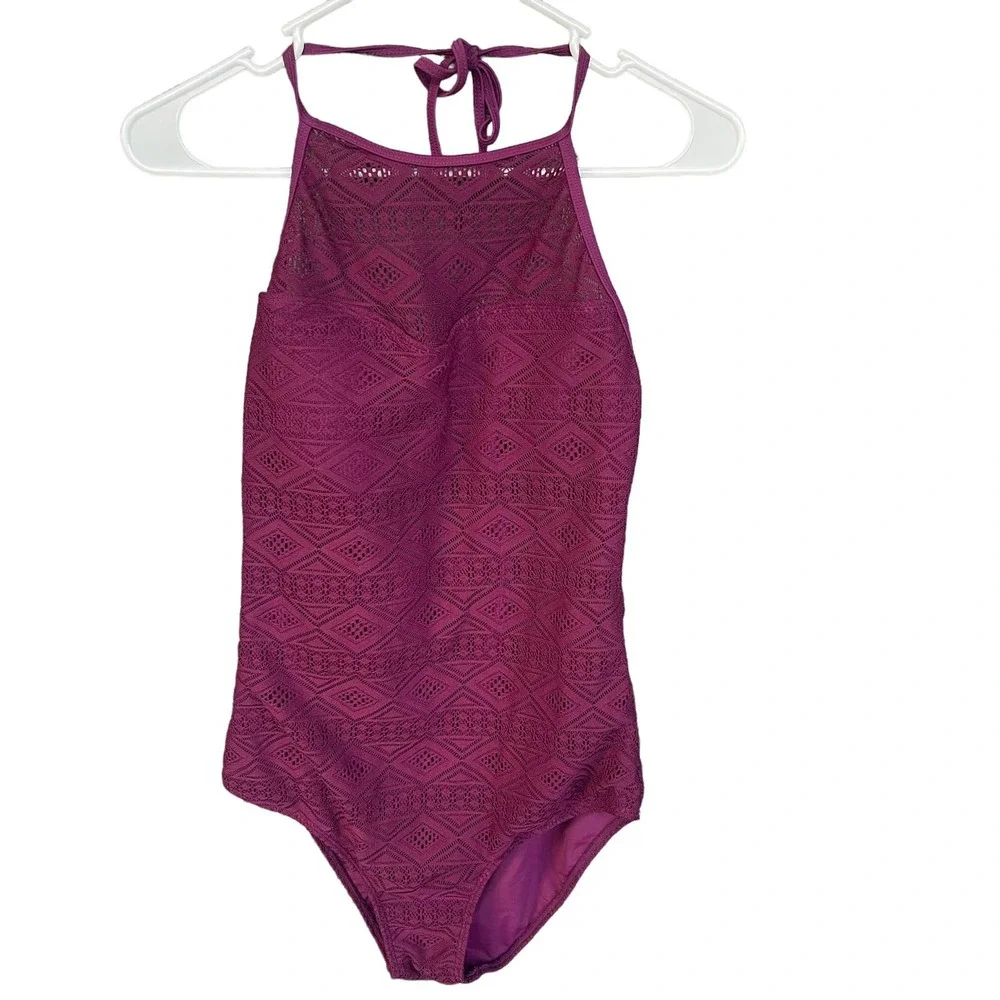 SO Swimsuit Womens Large‎ Purple One Piece Halter Crochet Overlay